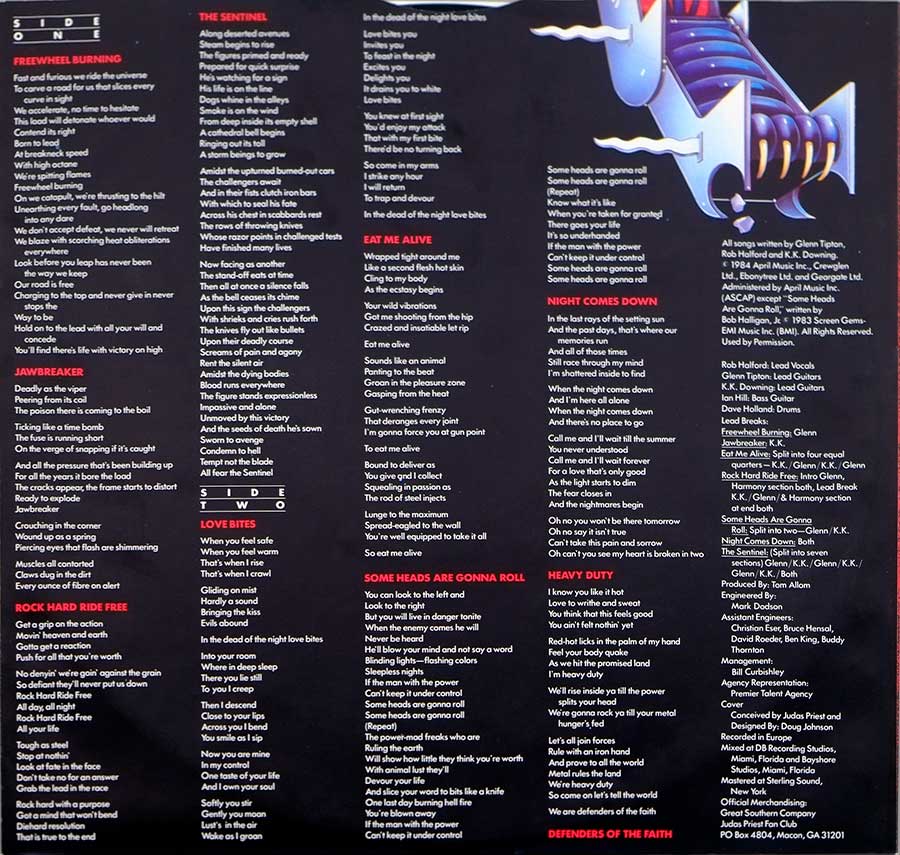 Photo One Of The Original Custom Inner Sleeve JUDAS PRIEST - Defenders Of The Faith 12" LP Vinyl Album 