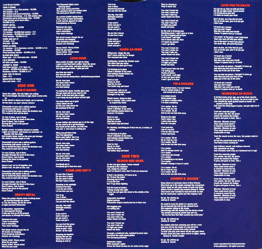 Photo Two of the original custom inner sleeve  JUDAS PRIEST - Ram It Down 12" Vinyl LP Album