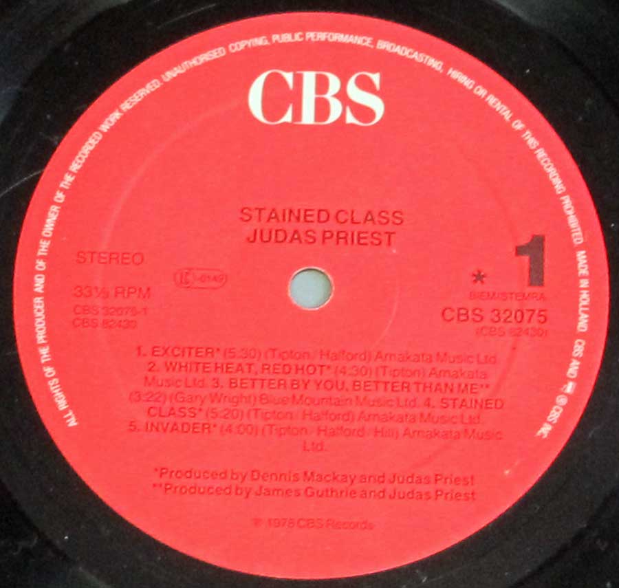 Close up of record's label JUDAS PRIEST - Stained Class 12" Vinyl LP Album Side One