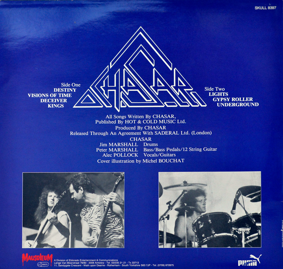 Back cover of CHASAR's 1987 album 'Gypsy Roller,' a Scottish heavy metal release rooted in the NWOBHM movement. The deep blue background features the band’s metallic triangular logo at the top, flanked by the tracklist for both sides of the vinyl. Below, band credits list Jim Marshall on drums, Peter Marshall on bass and 12-string guitar, and Alec Pollock on vocals and guitars. Two black-and-white live performance photos at the bottom depict the band in action, highlighting their raw stage energy.