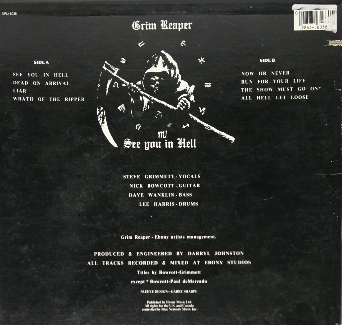 Back cover of Grim Reaper's 'See You in Hell' album, featuring a stark black background with a monochromatic illustration of a hooded Grim Reaper holding a scythe, surrounded by arcane symbols. The tracklist for Side A and Side B is displayed in gothic white text, along with band member credits and production details. A barcode is present in the top right corner.