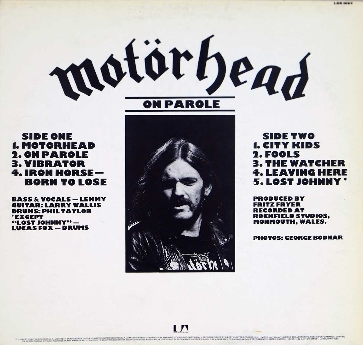 Photo of album back cover MOTORHEAD - On Parole ( British Heavy Metal )