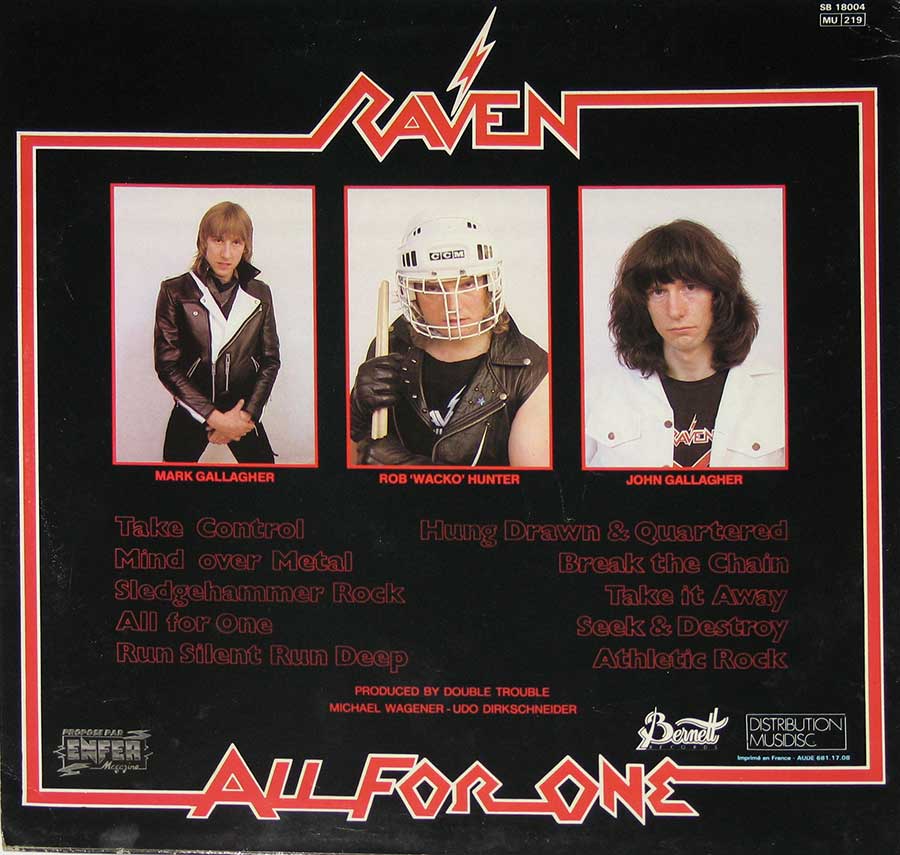 Three portrait photos of the RAVEN band-members on the album back cover