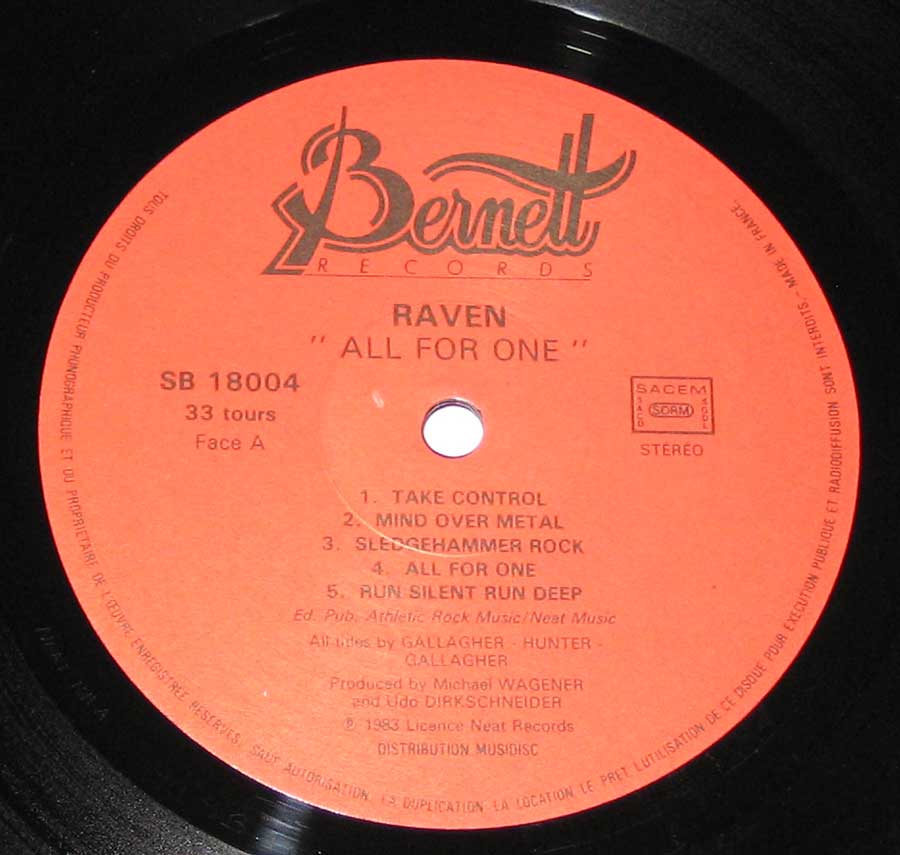 "All For One " Record Label Details: Bernett Records SB 18004, Made in France, SACEm, SDRM ℗ 1983 License NEAT Records Sound Copyright