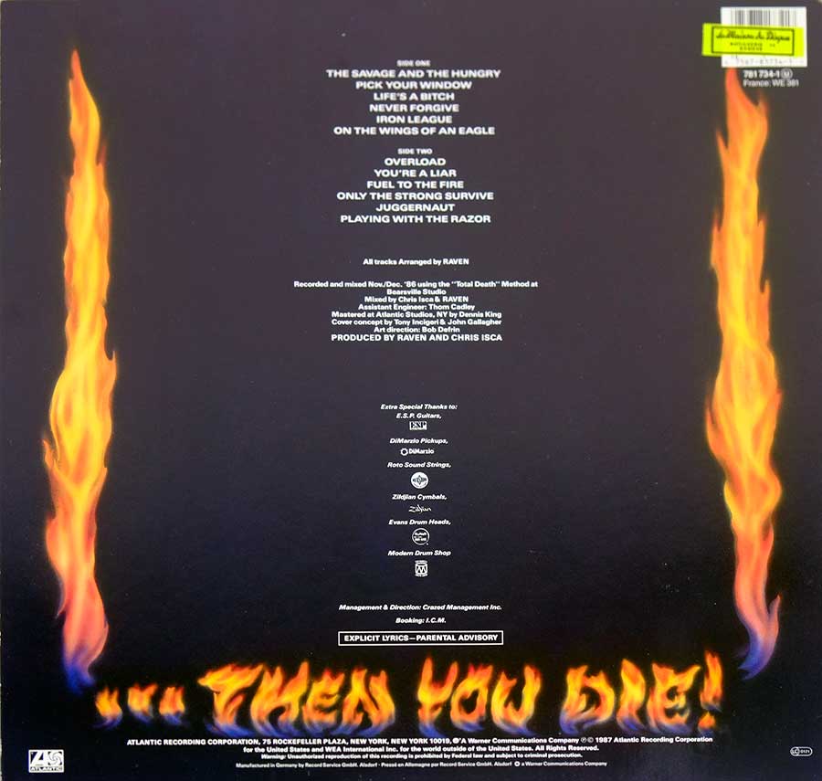 RAVEN - Life's A Bitch 12" Vinyl LP Album back cover