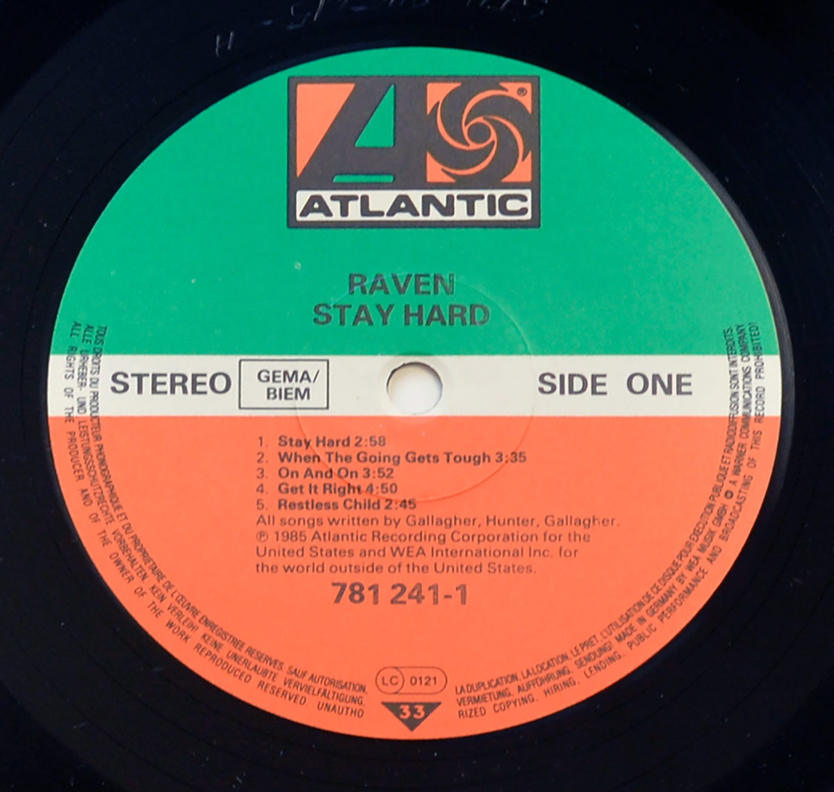 Photo of "RAVEN - STAY HARD" Atlantic Record Label - Side One: