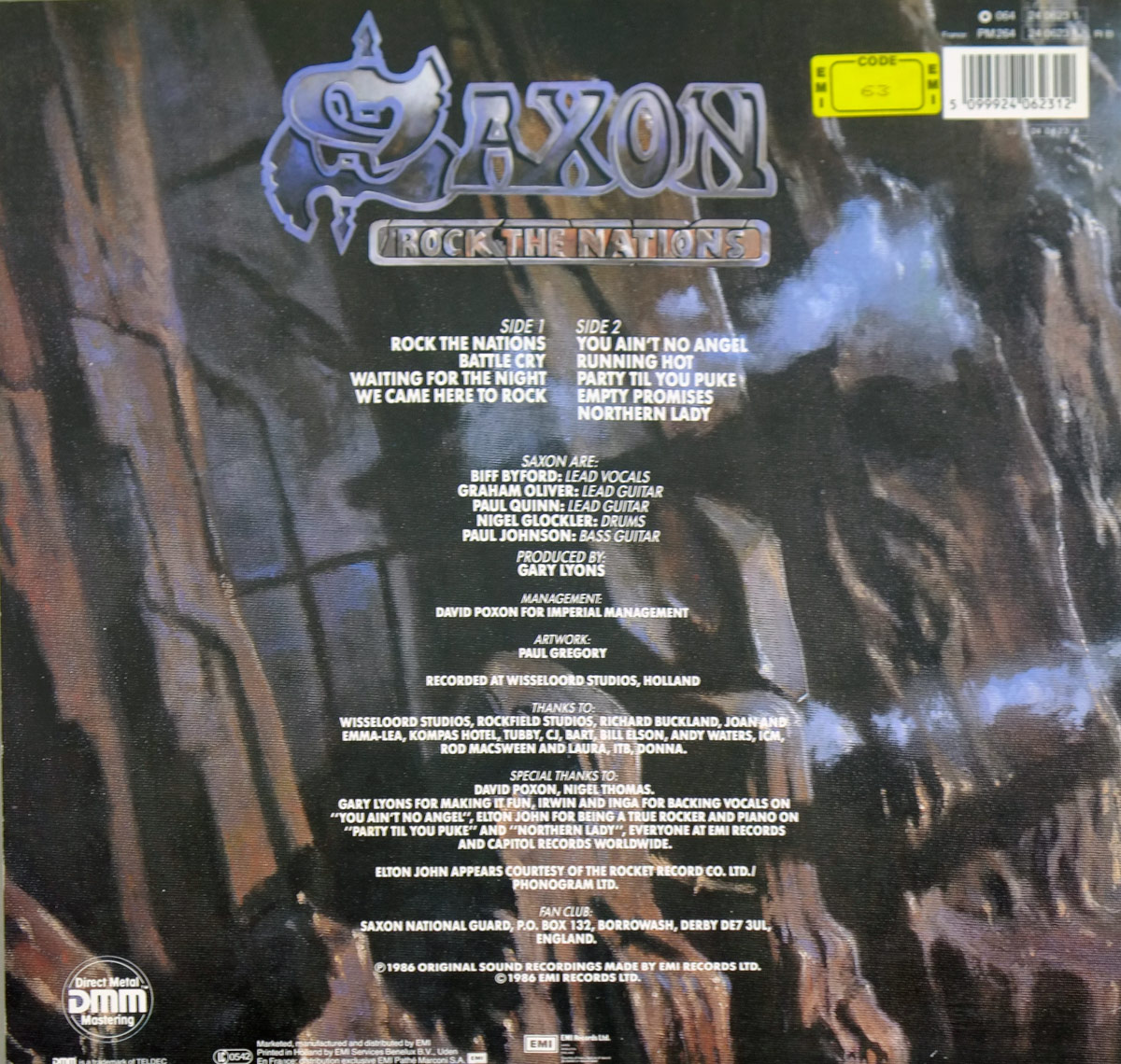 Back cover of SAXON's Rock The Nations LP featuring the band logo, tracklisting, credits, and acknowledgments over a dark, cavernous stone wall background with blue mist. The design emphasizes a metallic, gothic atmosphere with bold fonts and production details.