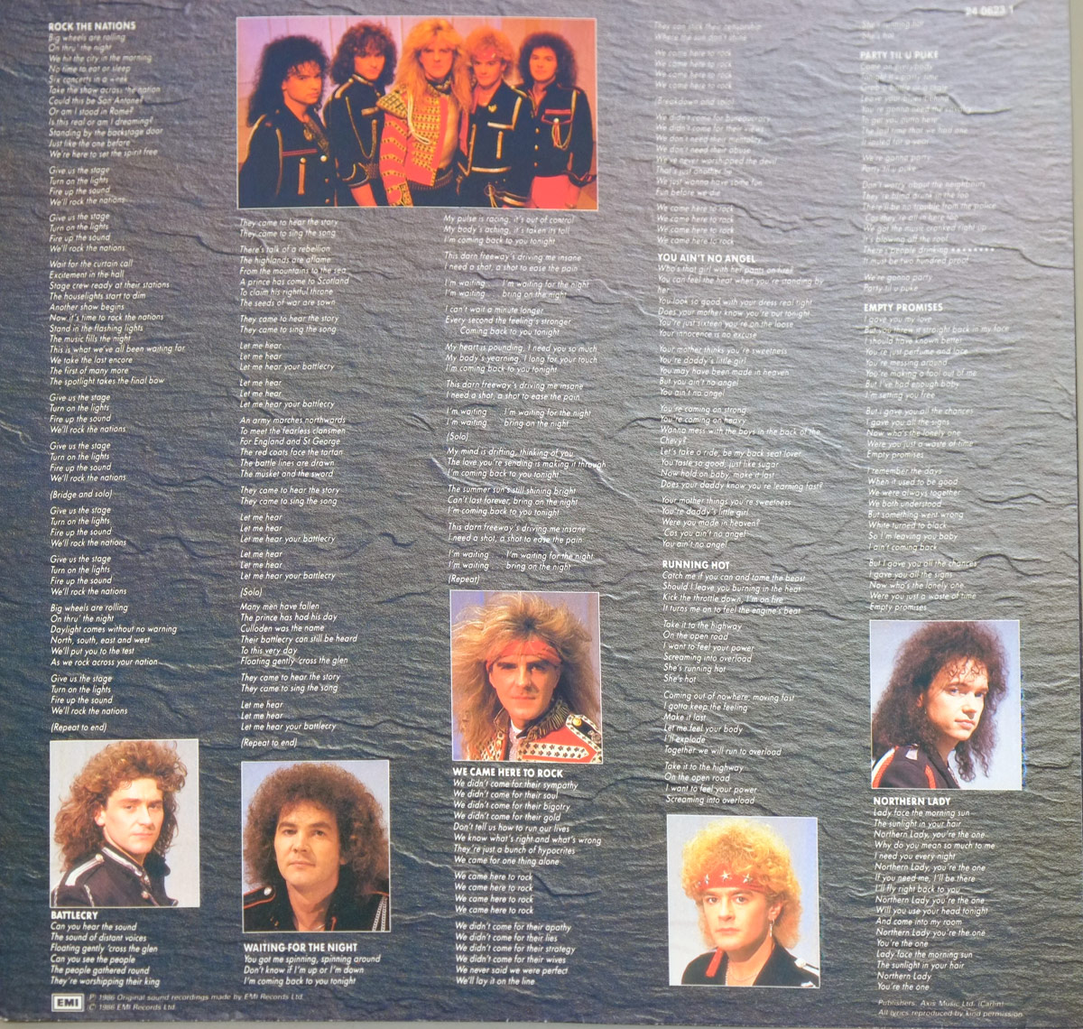 Second inner sleeve of SAXON's Rock The Nations LP, featuring full printed lyrics for all songs in white text on a dark slate background, alongside five color portrait photos of band members in 1980s metal attire.