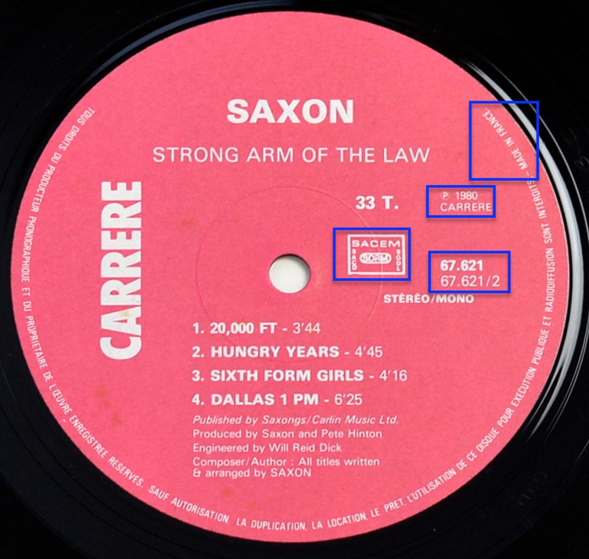 Photo of record label of SAXON - Strong Arm of the Law ( French Release ) 