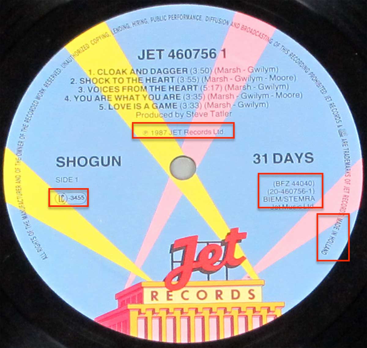 Close-up Photo of "SHOGUN - 31 Days" 12" JET Record Label