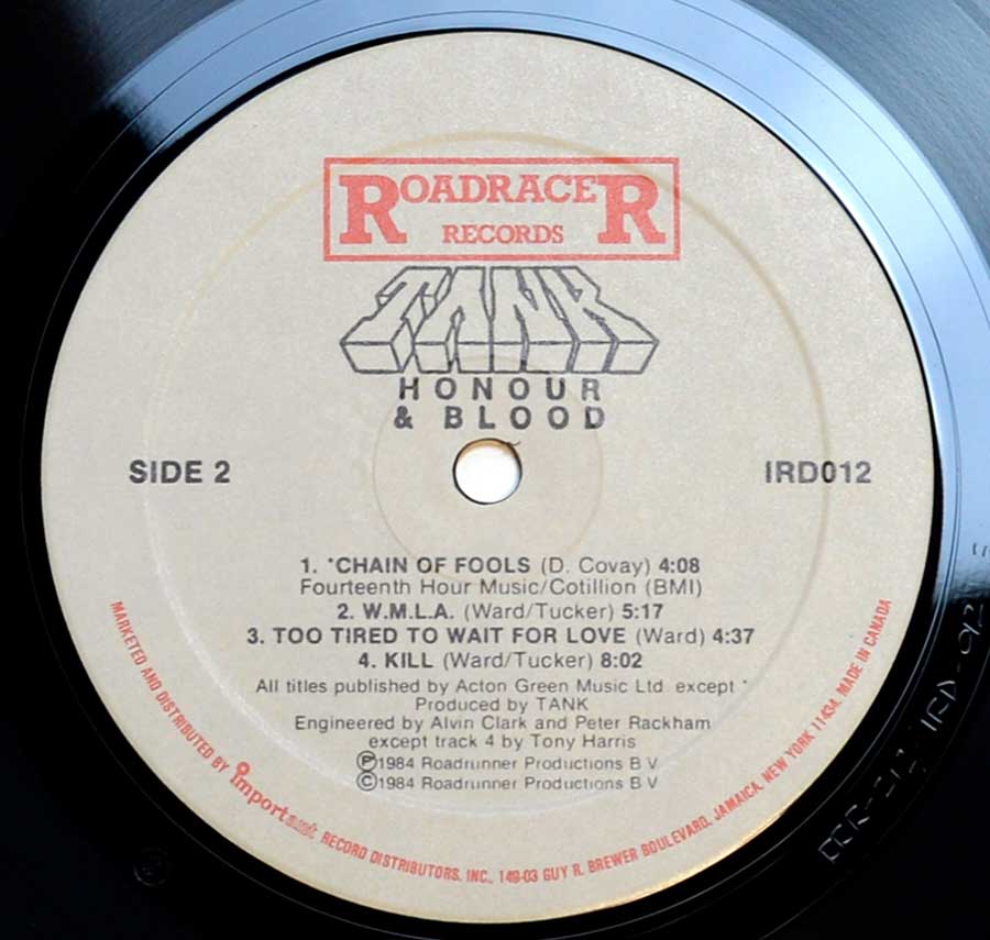 Side Two Close up of record's label TANK - Honour And Blood NWOBHM USA And Canada Release 12" LP ALBUM VINYL