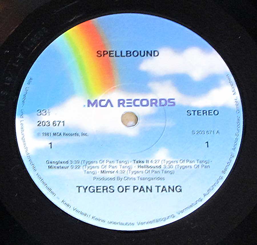 Close up of record's label TYGERS of PAN TANG - Spellbound Side One