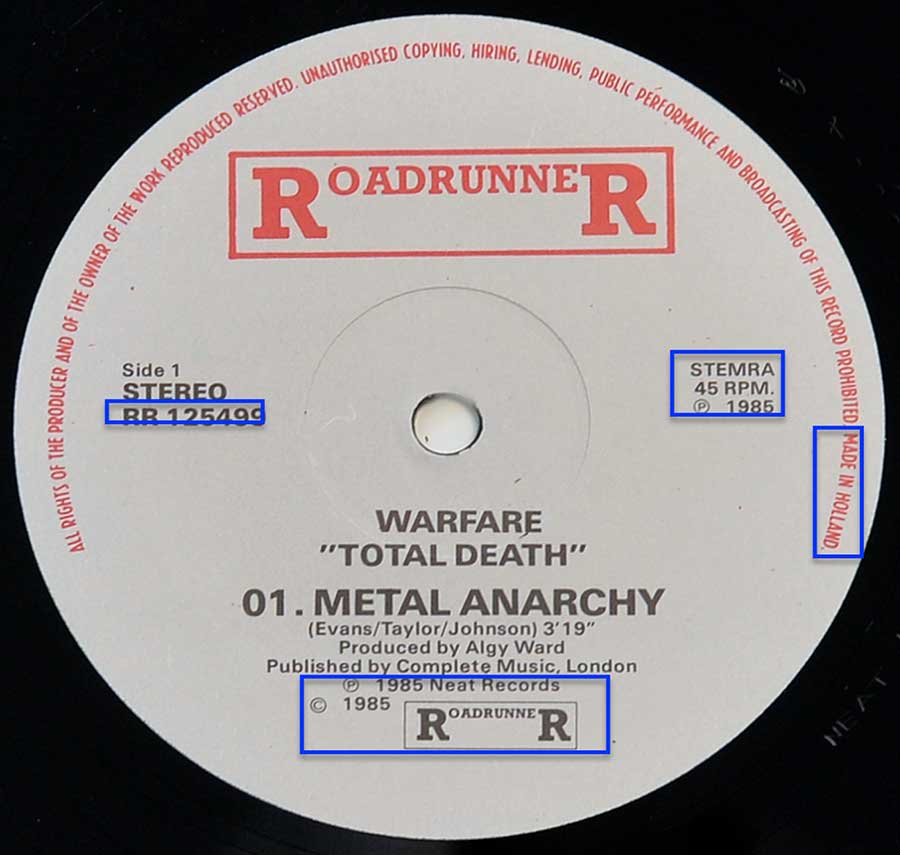Enlarged & Zoomed photo of "WARFARE Total Death" Record's Label