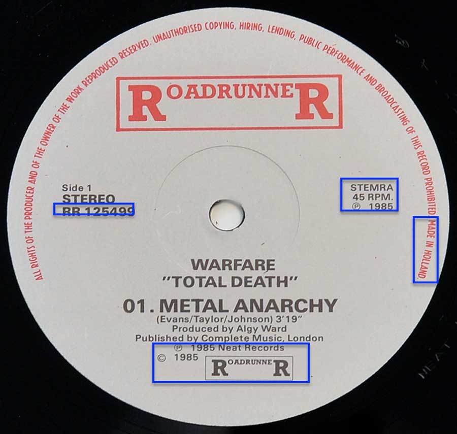 Enlarged & Zoomed photo of "WARFARE Total Death" Record's Label
