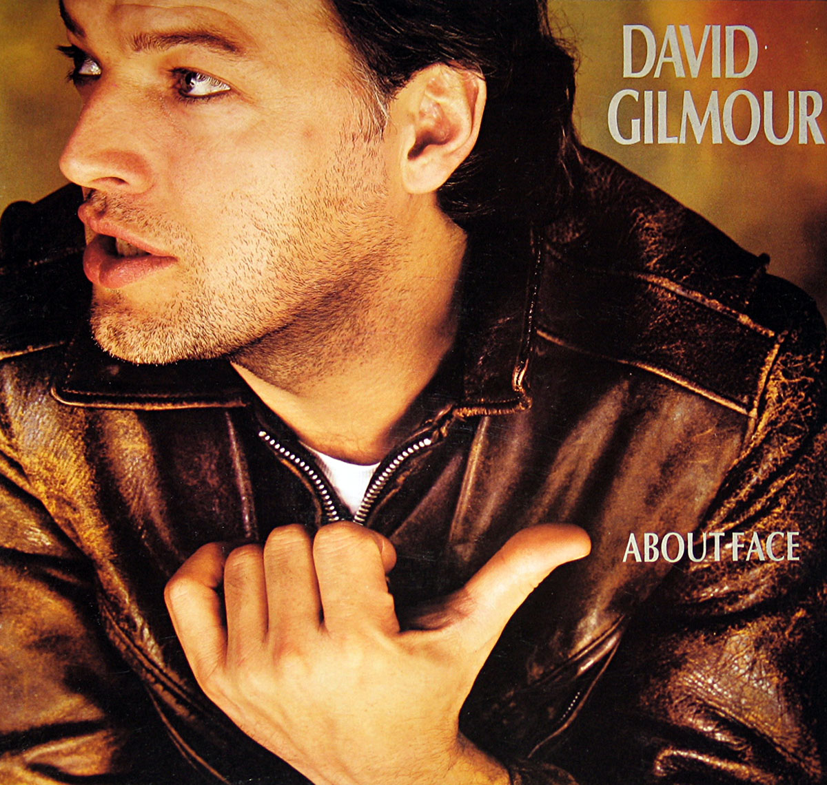 Album cover of David Gilmour’s About Face featuring a close-up of Gilmour wearing a brown leather jacket, looking to the left with a thoughtful expression, and his hand raised pointing with his thumb; the text David Gilmour and About Face appear in the upper right corner.