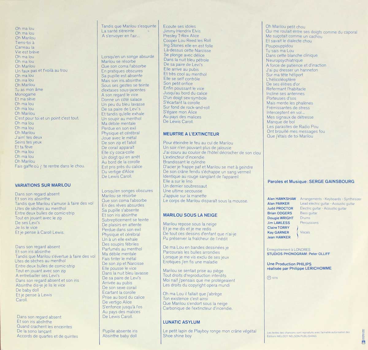 Inner Sleeve   of "SERGE GAINSBOURG - L'Homme a Tete de Chou" Album
