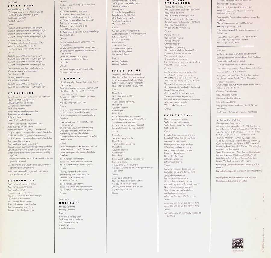 MADONNA - The First Album Release 12" Vinyl LP Album custom inner sleeve