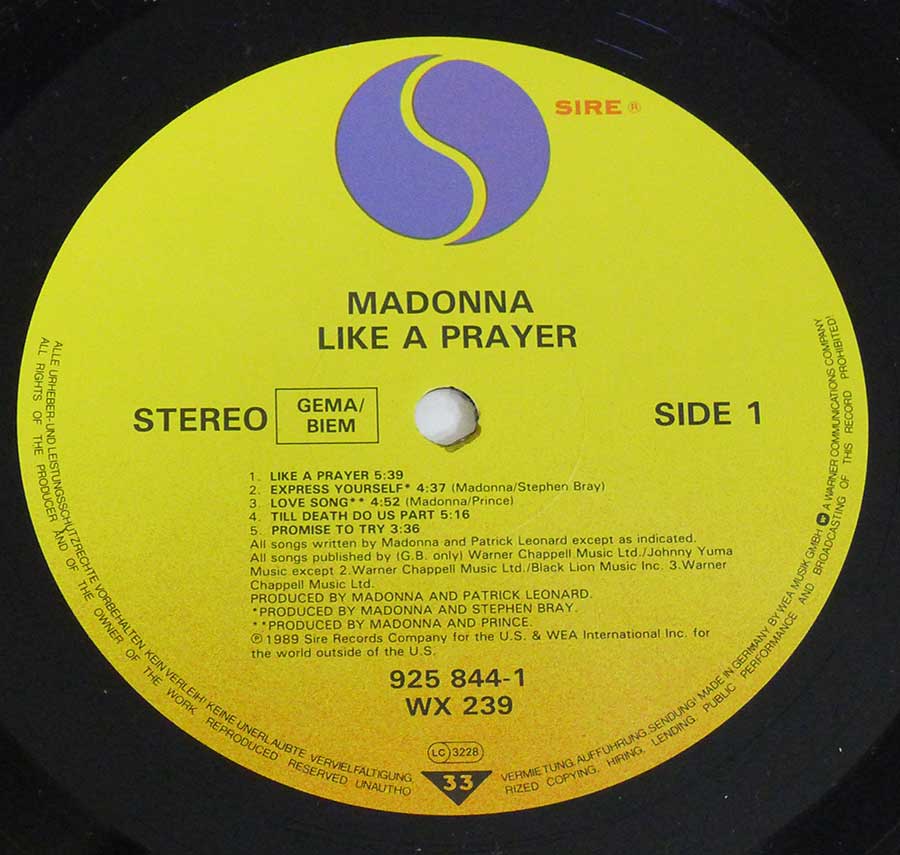 "Like A Prayer" Record Label Details: SIRE WX 239 / 925 844 