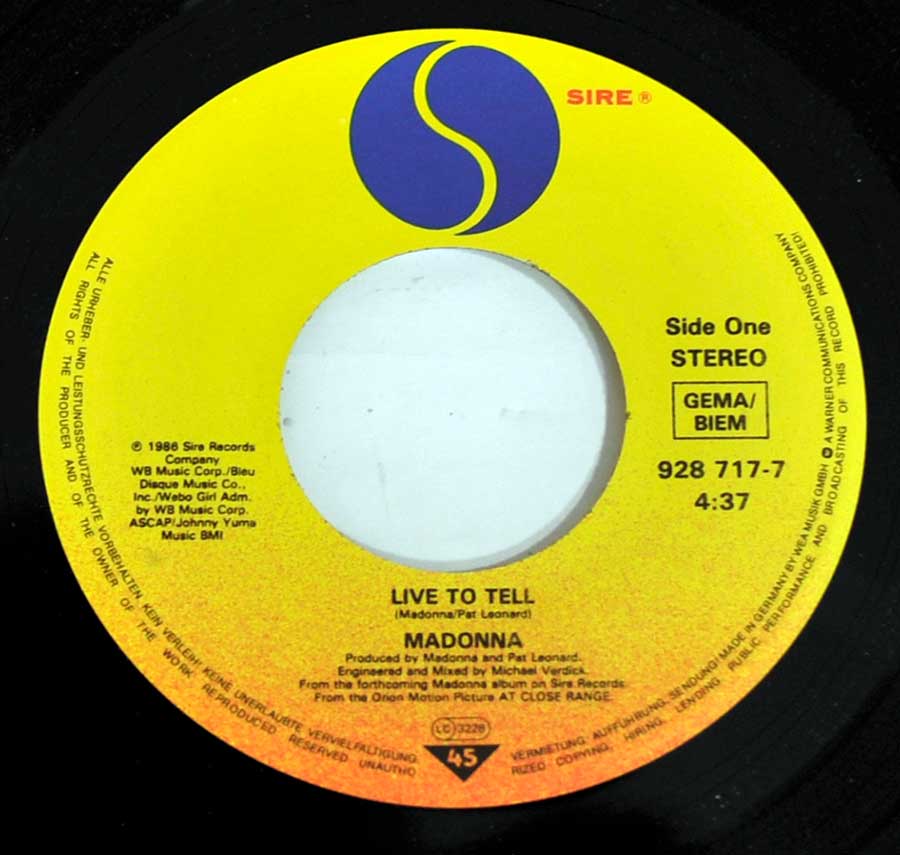 "Live to Tell" Record Label Details: SIRE 928 717-7 