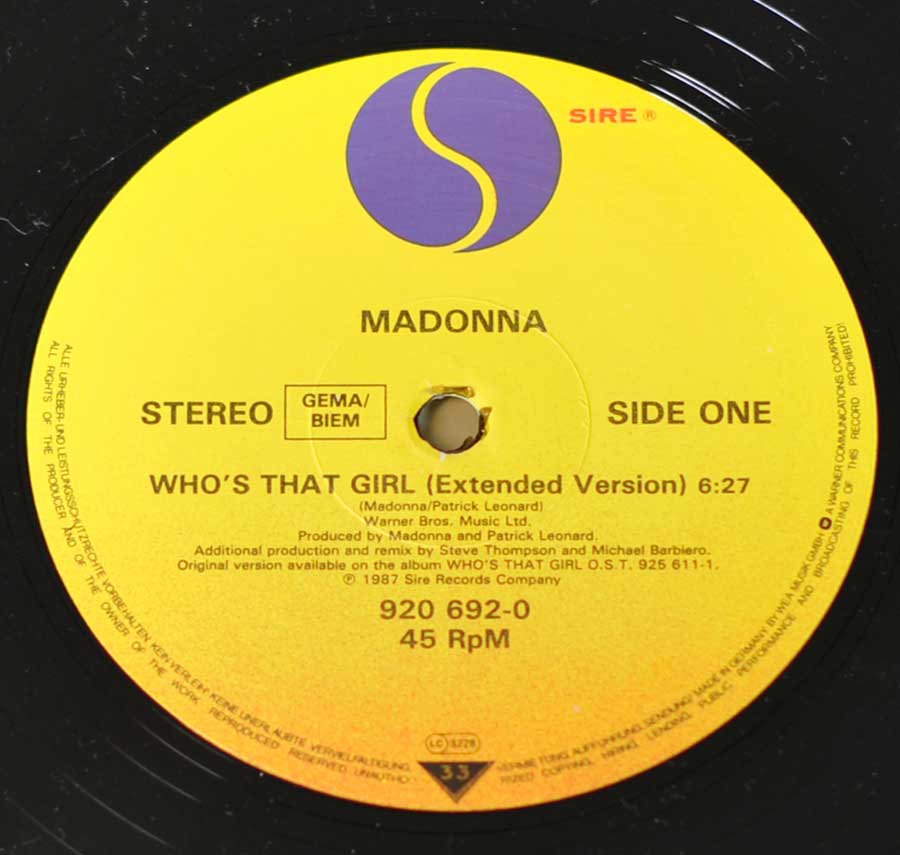 "Who's That Girl" Record Label Details: SIRE 920 692 