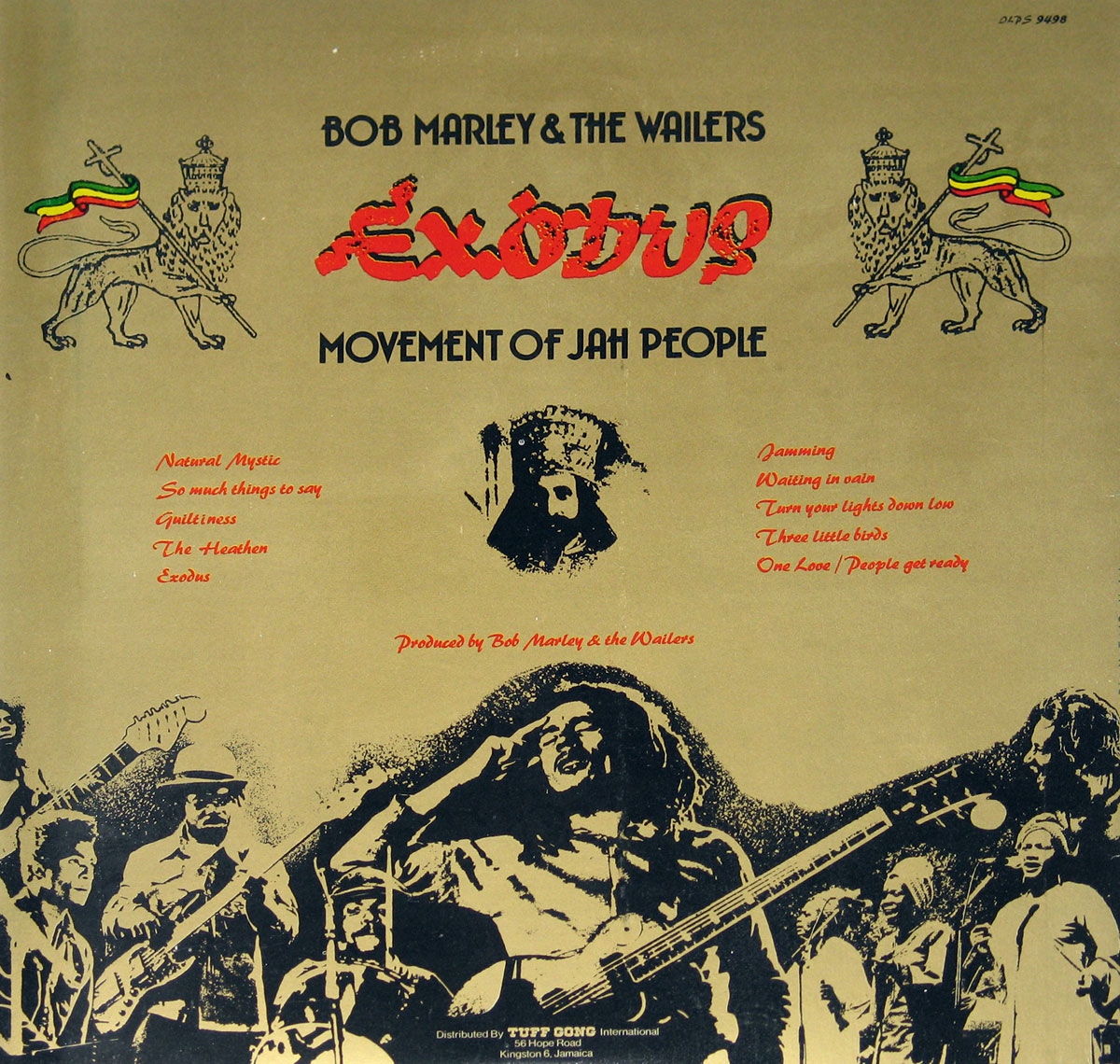 Back cover of Bob Marley & The Wailers' Exodus Tuff Gong Jamaican release. It features the tracklist, a central portrait of Haile Selassie, illustrations of the band performing, two Ethiopian lion emblems with red-gold-green banners, and the phrase Movement of Jah People.
