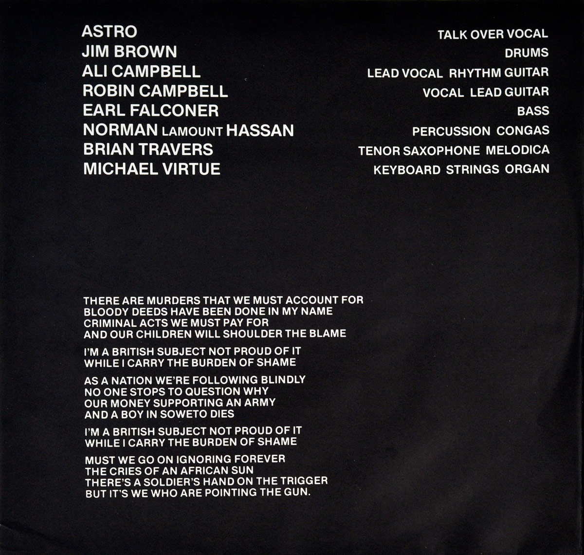 UB40 Signing Off inner sleeve with band credits and lyrics to Burden of Shame, highlighting political commentary on British colonialism and apartheid, printed in white on black background.