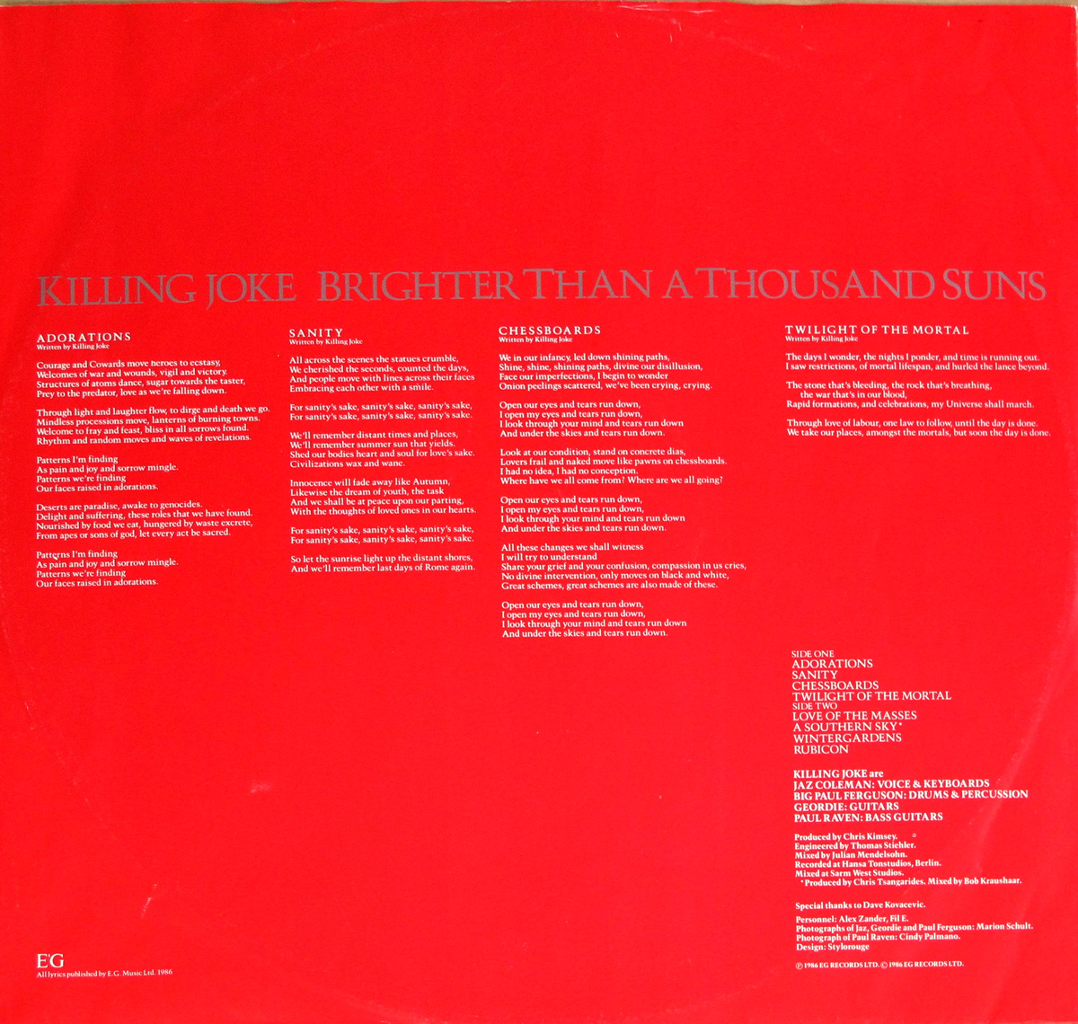 KILLING JOKE BRIGHTER THAN A THOUSAND SUNS FOC GATEFOLD 12" LP VINYL
