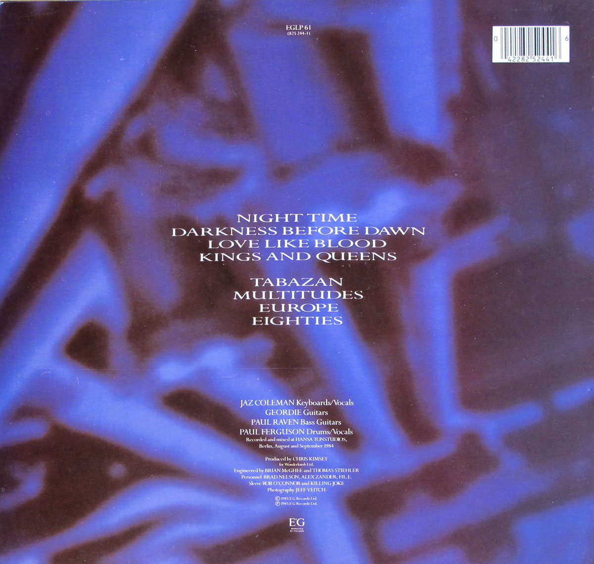 Album back cover of "Night Time" by "Killing Joke"  