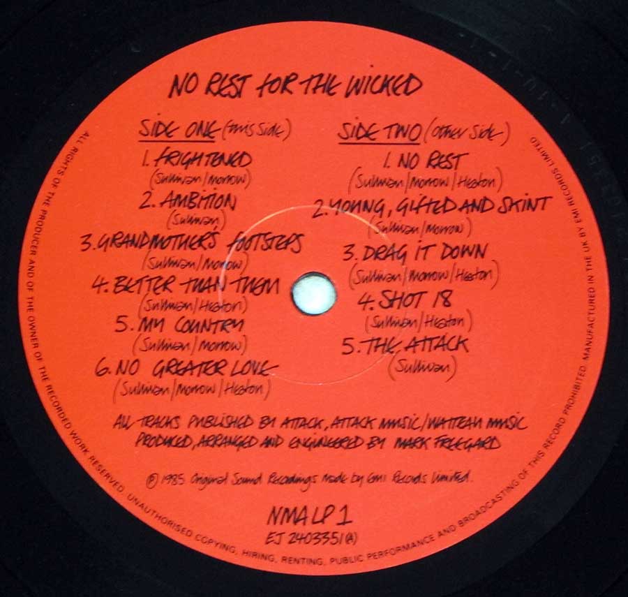 Close up of record's label NEW MODEL ARMY - No Rest For The Wicked 12" LP Vinyl Album Side Two
