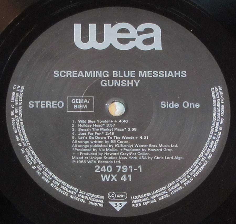 "GUN SHY by The Screaming Blue Messiahs" Record Label Details: WEA 240 791 / WX 41 ℗ 1988 WEA Records Sound Copyright 