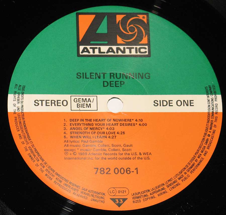 Close up of Side One record's label SILENT RUNNING - Deep 12" Vinyl LP Album
