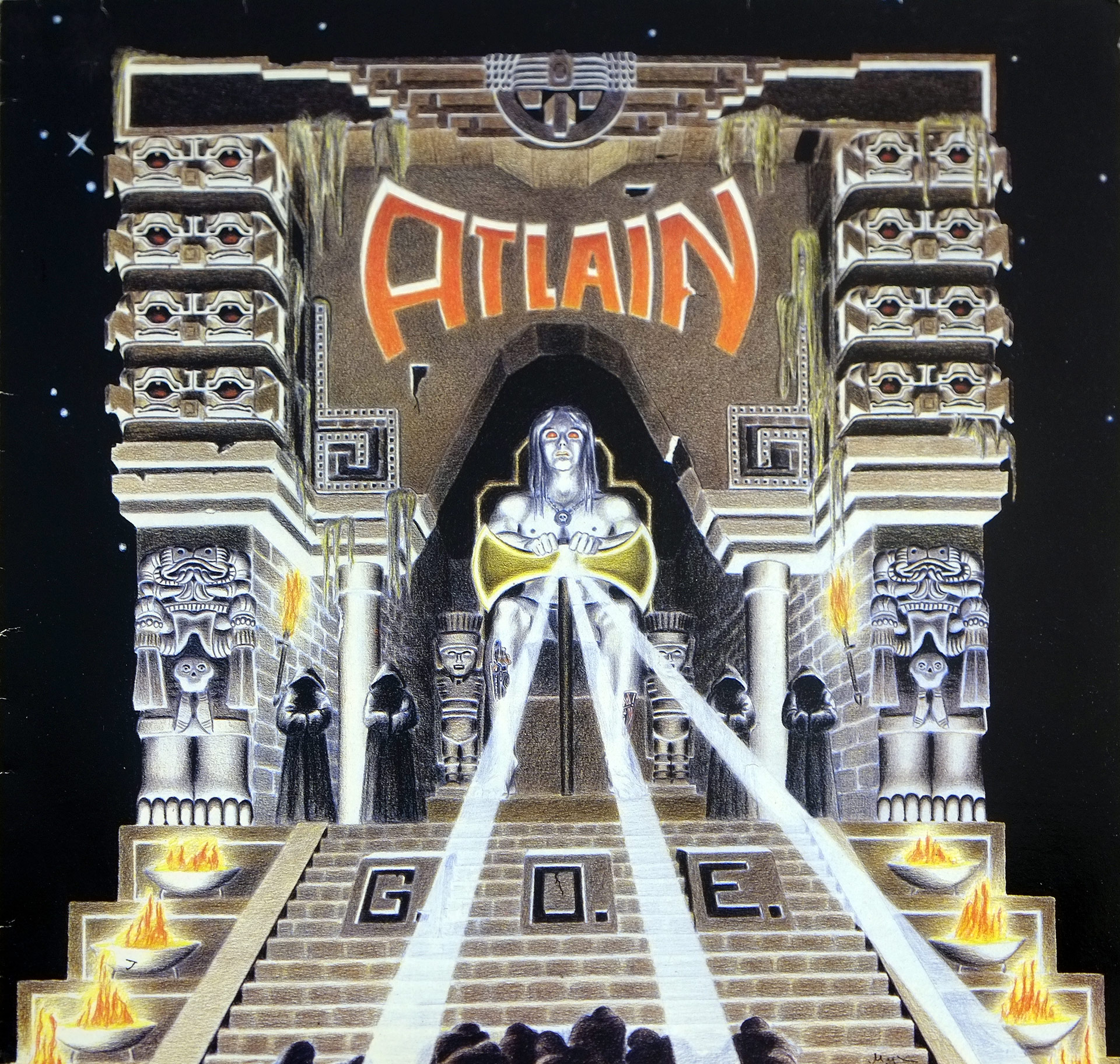 Atlain G.O.E. album cover featuring a mystical temple with a glowing humanoid figure emitting beams of light, surrounded by Mesoamerican-style carvings, ceremonial flames, cloaked figures, and a starry background