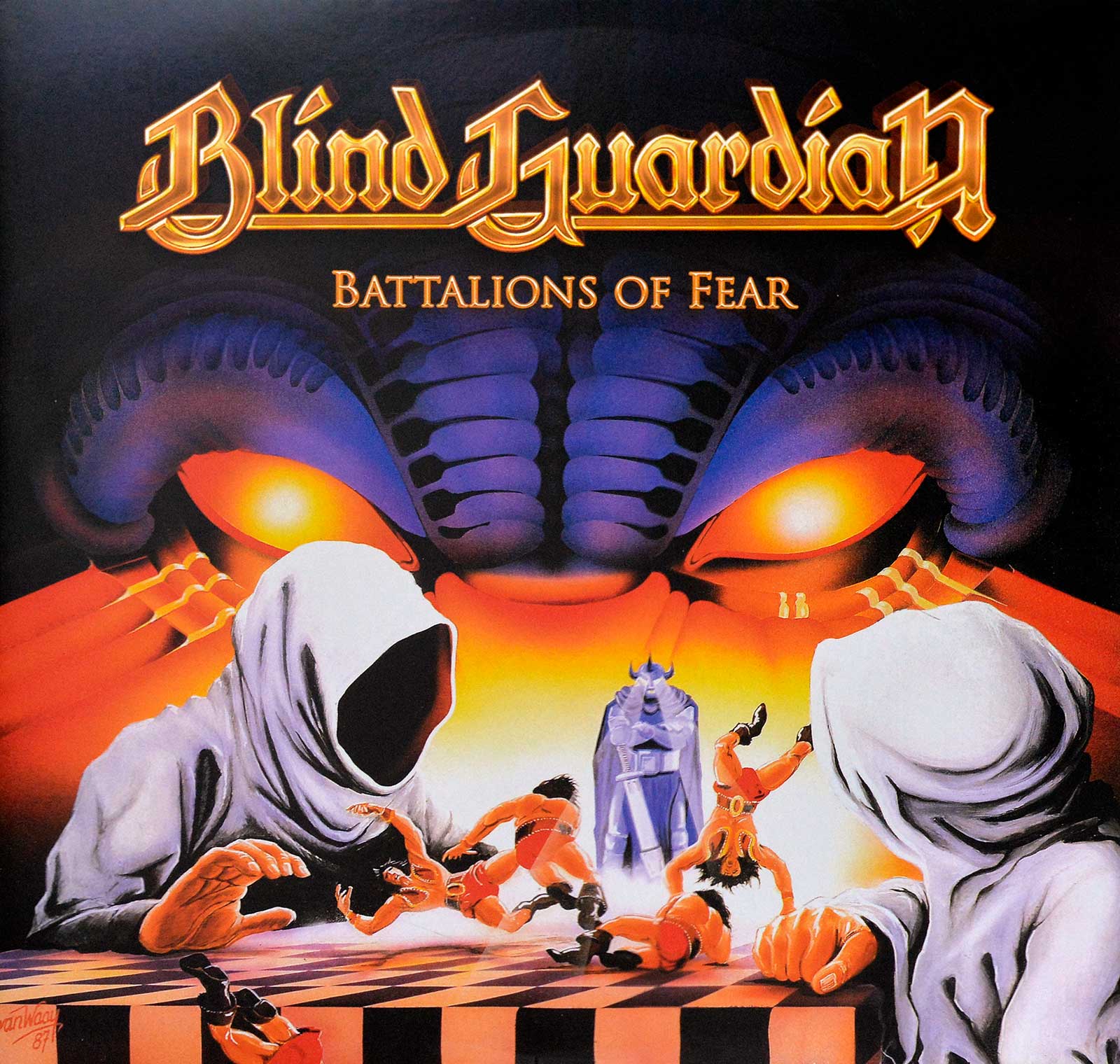 Cover art for Blind Guardian's Battalions of Fear, featuring a vivid fantasy scene with ghostly figures, warriors, and a menacing entity in the background, capturing the album's epic and intense themes.