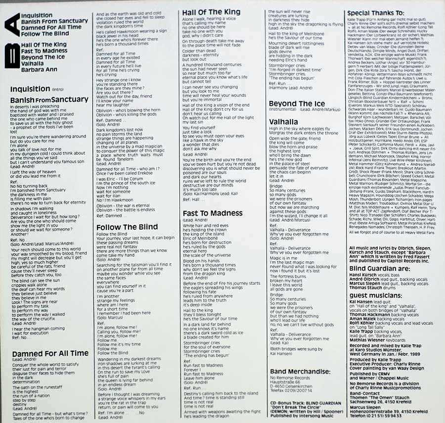 Photo Two of the original custom inner sleeve  BLIND GUARDIAN - Follow The Blind 12" LP Vinyl Album