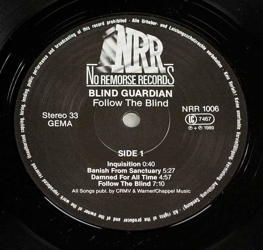 Close up of record's label BLIND GUARDIAN - Follow The Blind 12" LP Vinyl Album Side One