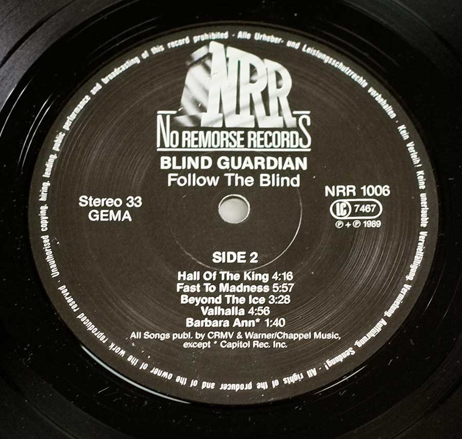 Close up of record's label BLIND GUARDIAN - Follow The Blind 12" LP Vinyl Album Side Two