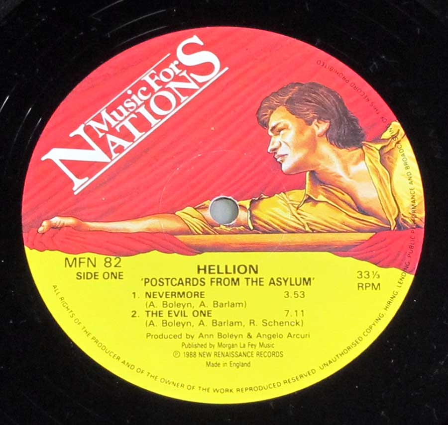 Close-up Photo of "HELLION - Postcards from the Asylum" record Label