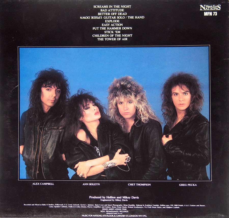 Colour group photo of the Hellion band on the album back cover