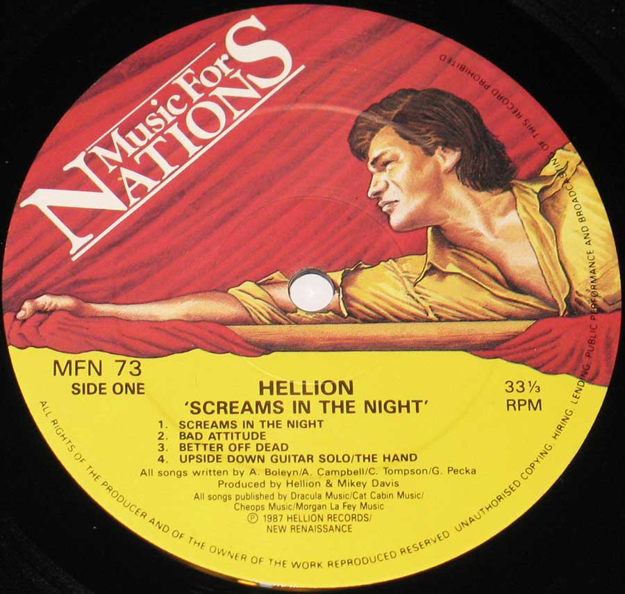 "Screams in the Night" Record Label Details: Music For Nations MFN 73 ℗ 1987 Hellion Records New Renaissance Sound Copyright 