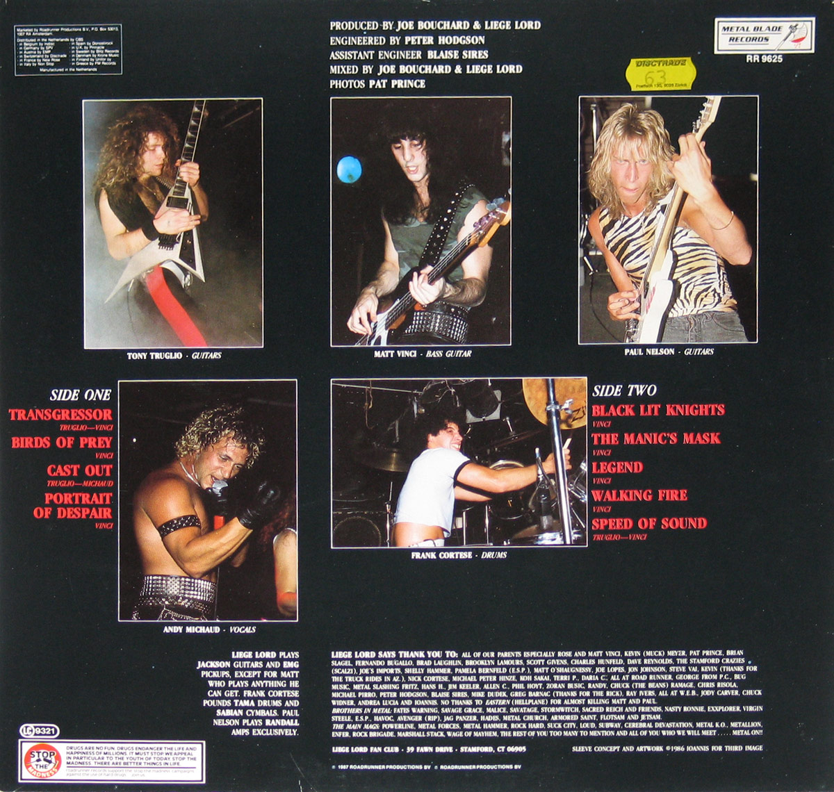 Back cover of Liege Lord's 'Burn to My Touch' (1987). Features track listing, band member photos, production credits, and thank-you notes. Five live-action photos capture the band: Tony Truglio shredding on his Flying V guitar, Matt Vinci on bass in studded gear, Paul Nelson playing in a zebra-striped shirt, Andy Michaud passionately singing, and Frank Cortese in action on drums. The album was released under Metal Blade Records.