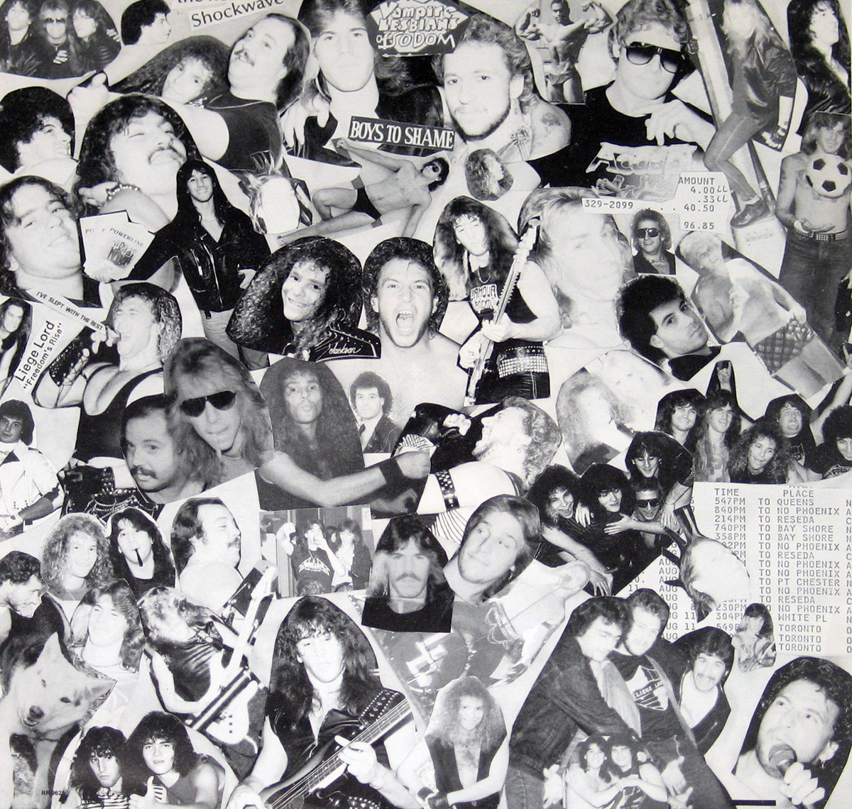 Custom inner sleeve of Liege Lord's 'Burn to My Touch' (1987). A black-and-white collage of candid band photos, live concert shots, and backstage moments, creating a chaotic yet nostalgic atmosphere. Features members performing, posing with fans, and various metal-related imagery, including band logos and tour schedules.