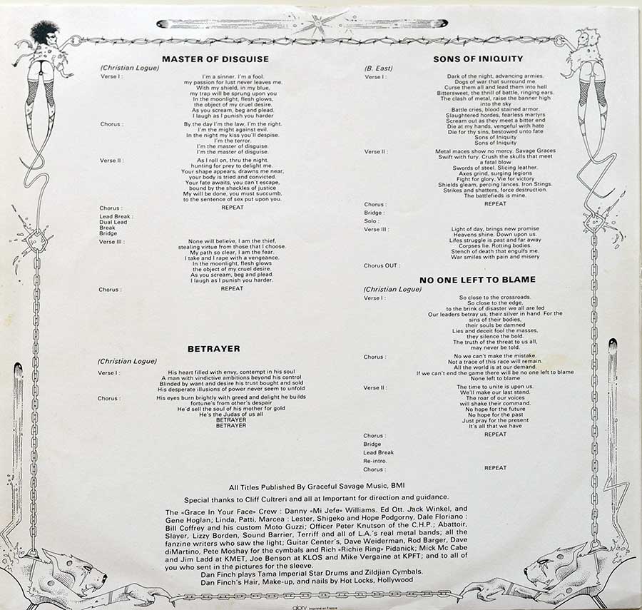 Photo One Of The Original Custom Inner Sleeve SAVAGE GRACE - Master of Disguise 