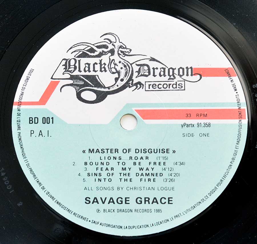 Close up of record's label SAVAGE GRACE - Master of Disguise Side One
