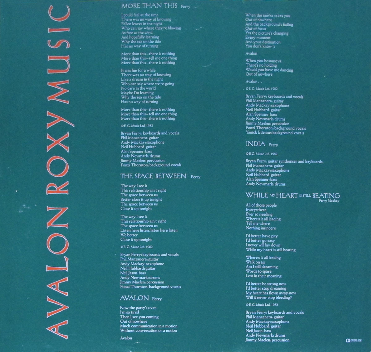 The custom inner sleeve of Roxy Music's Avalon (1982 France release) shows a teal background with white serif text presenting printed lyrics and detailed musician credits. On the left column, lyrics for 'More Than This' and 'The Space Between' are displayed, each followed by full band credits listing Bryan Ferry, Phil Manzanera, Andy Mackay, Neil Hubbard, Alan Spenner, Andy Newmark, Jimmy Maelen, and Fonzi Thornton. The right column continues with lyrics for 'Avalon', 'India', and 'While My Heart Is Still Beating', again followed by the contributing musicians and vocalists, including Yanick Etienne's noted background vocals on 'Avalon'. The typography is elegant yet minimalist, aligning flush left and right across the sleeve. Along the left edge, the vertical red text 'AVALON ROXY MUSIC' runs top to bottom, balancing the page design.