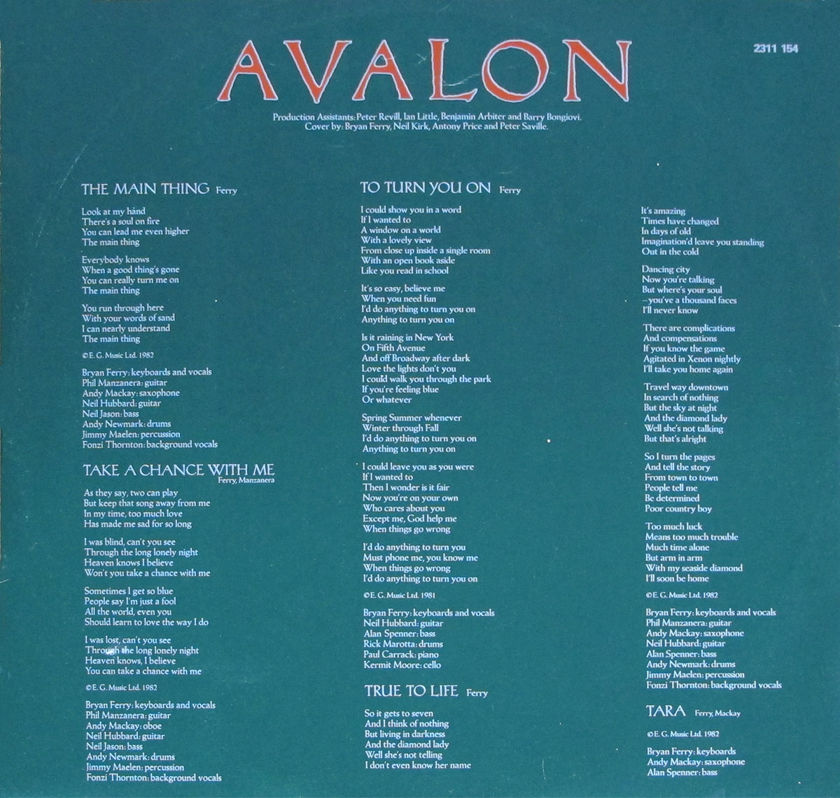 The second custom inner sleeve of Roxy Music's Avalon (1982 France release) features a teal background with red 'Avalon' title at the top, accompanied by production assistance credits. Lyrics for Side Two tracksÑ'The Main Thing', 'Take a Chance With Me', 'To Turn You On', 'True to Life', and 'Tara'Ñare arranged in three vertical columns in white serif type. Each set of lyrics is followed by musician credits listing Bryan Ferry, Phil Manzanera, Andy Mackay, Neil Hubbard, Alan Spenner, Andy Newmark, Jimmy Maelen, Rick Marotta, Kermit Moore, and Fonzi Thornton where applicable. The layout balances formality and clarity, presenting the complete second half of the album in a clean and elegant format.