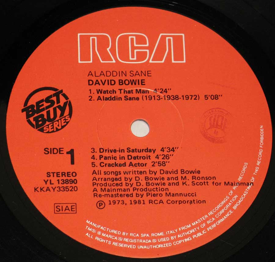 Close-up Photo of  "Aladdin Sane" Record Label 