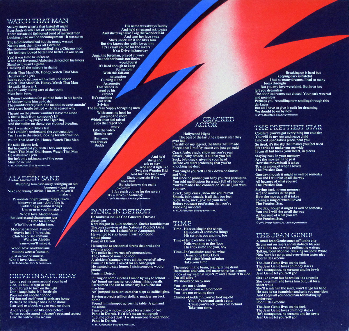 Photo Two of the original custom inner sleeve  DAVID BOWIE - Aladdin Sane Gatefold Album Cover 12" LP Vinyl