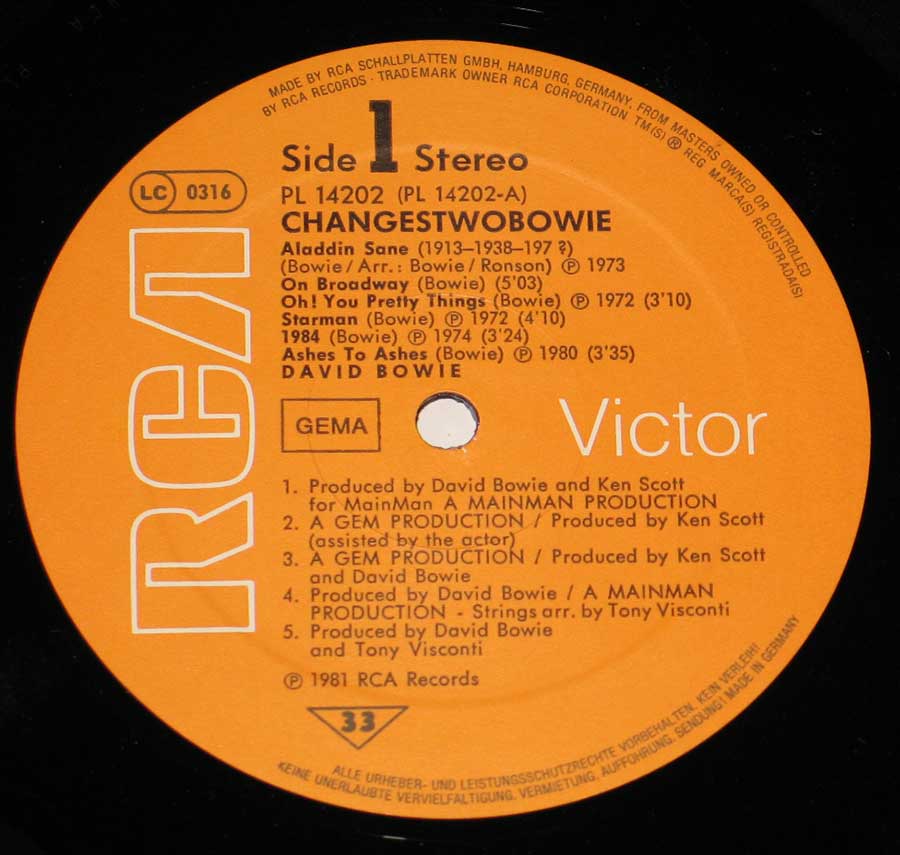 Close up of record's label DAVID BOWIE - Changestwobowie German Release 12" Vinyl LP Album Side One