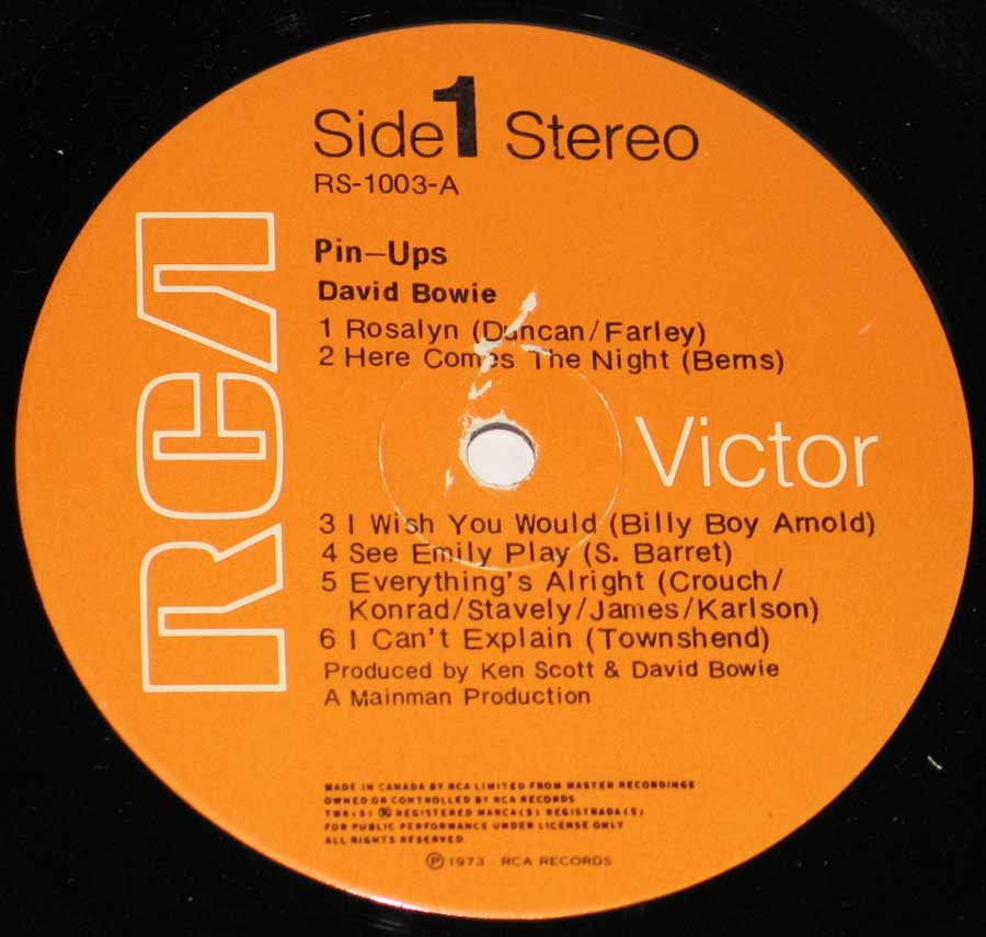 Close up of record's label DAVID BOWIE - Pin Ups 12" Vinyl Lp With Twiggy Insert Side One