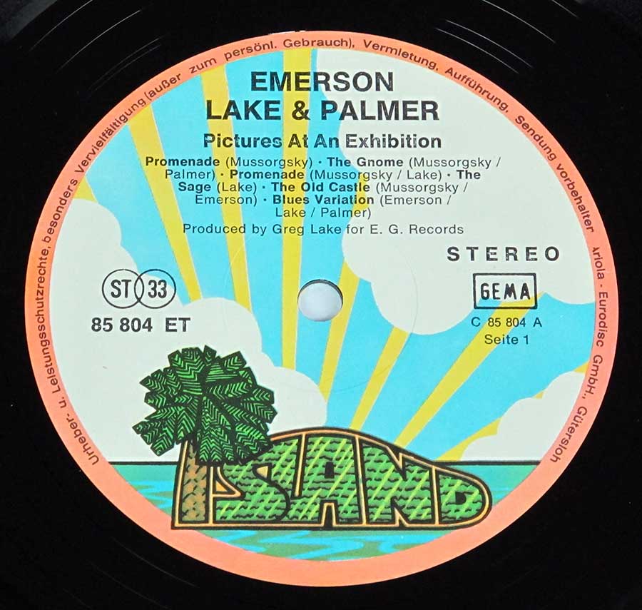Close up of record's label Emerson Lake Palmer Pictures at an Exhibition 12" Vinyl LP Album Side One